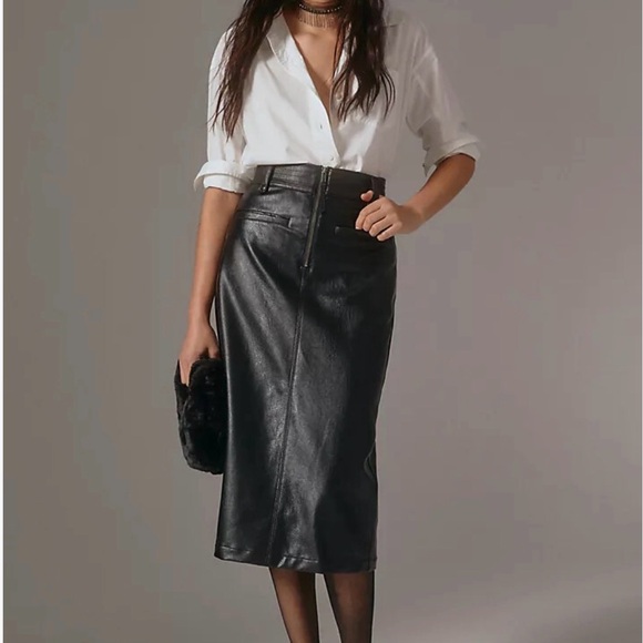 Pilcro Dresses & Skirts - Pilcro Anthropologie Black Faux Leather Pencil Skirt 14 Midi Pockets High Rise
